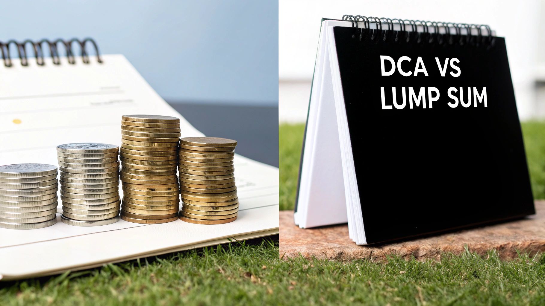 Stacks of coins illustrating growth, next to a calendar with 'DCA VS LUMP SUM' on green grass.