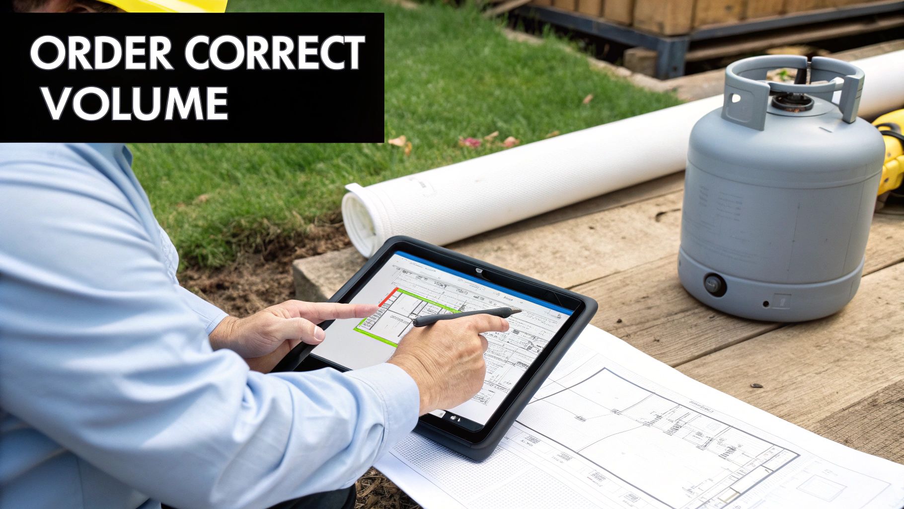 A person reviews construction blueprints on a tablet with a stylus, surrounded by physical plans and construction materials.