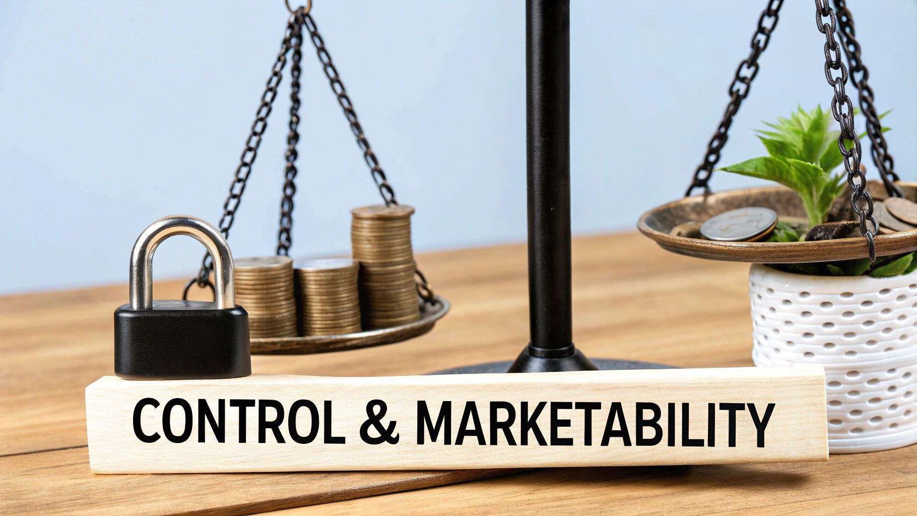 A balance scale contrasting coins and a plant, with a padlock and text 'CONTROL & MARKETABILITY'.