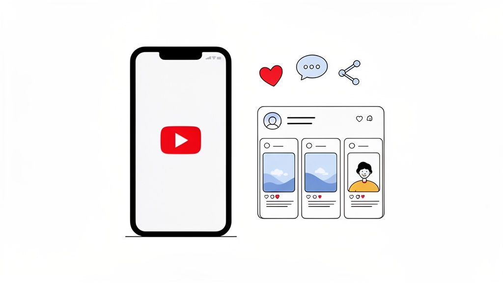 A smartphone displaying various social media icons, demonstrating how quality content on platforms like YouTube can grow Instagram followers organically.