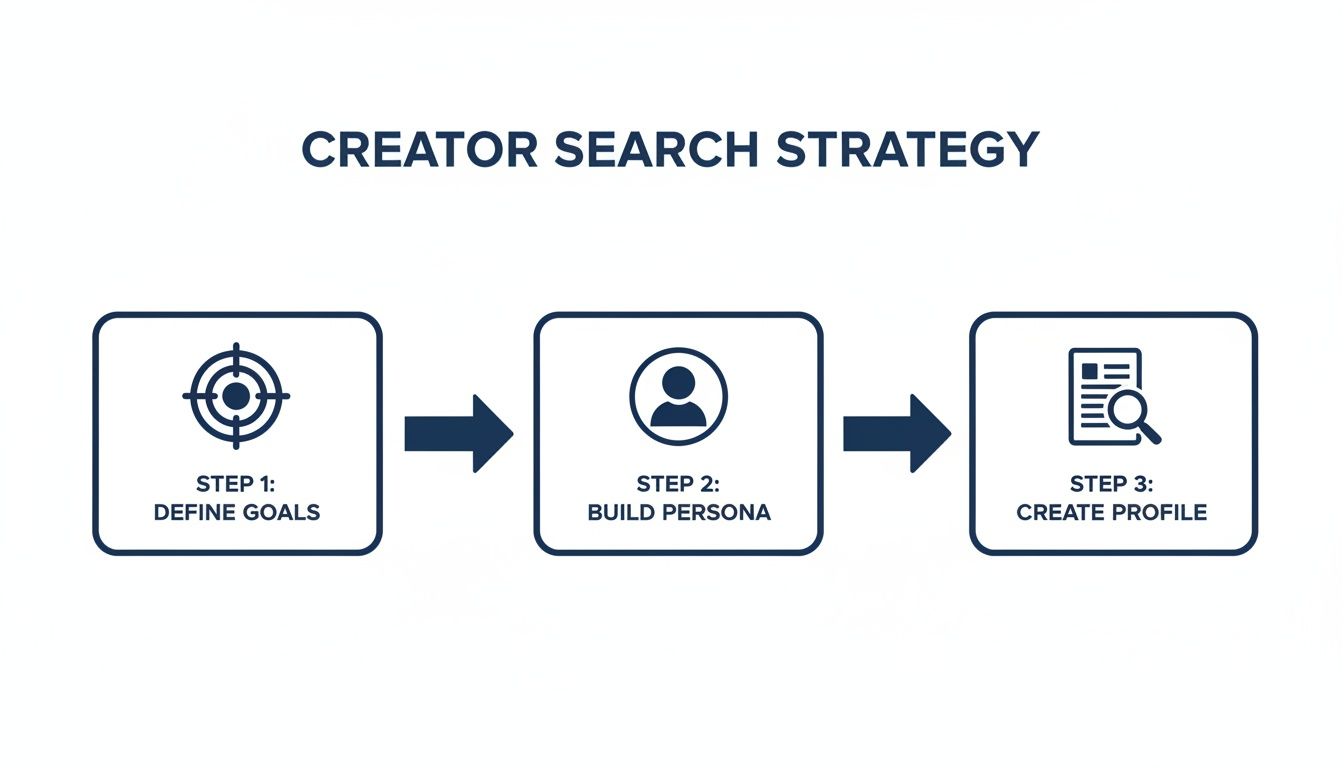 Infographic outlining a three-step creator search strategy for finding YouTube influencers: define goals, build persona, and create profile.