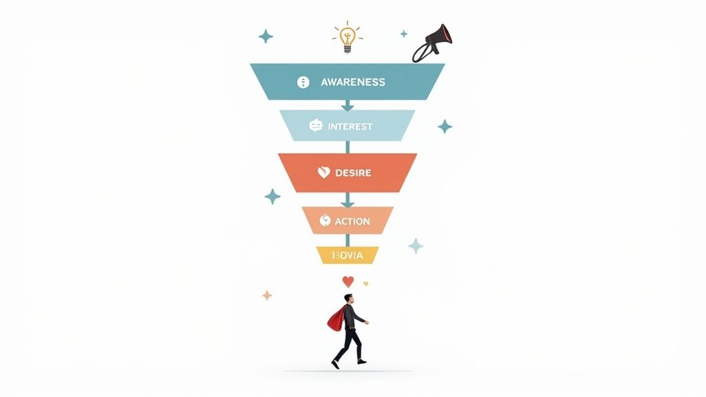 A visual representation of a marketing funnel with stages and customer icons