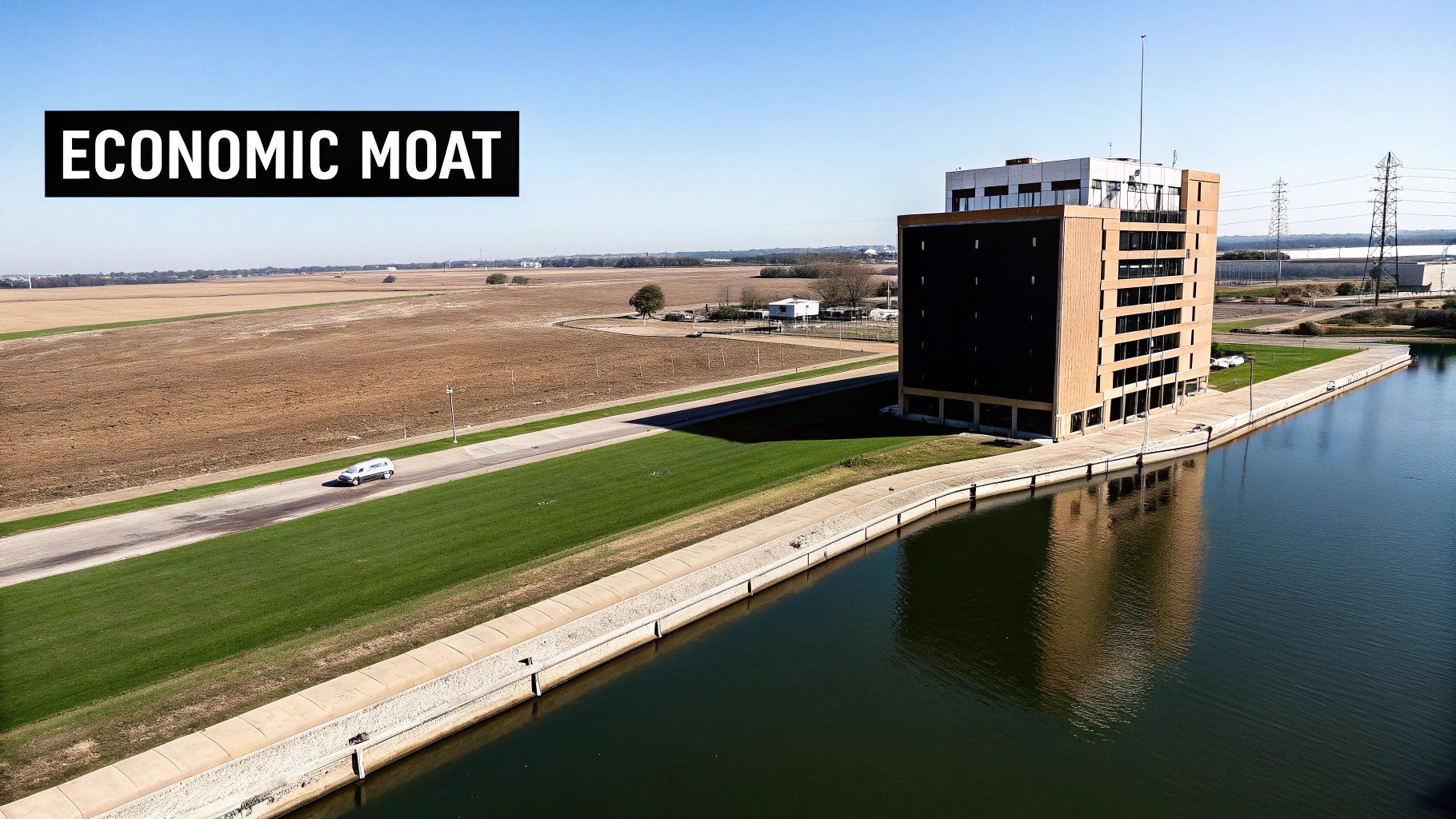 An aerial view of a large building resembling a fortress next to a water canal, labeled 'ECONOMIC MOAT'.