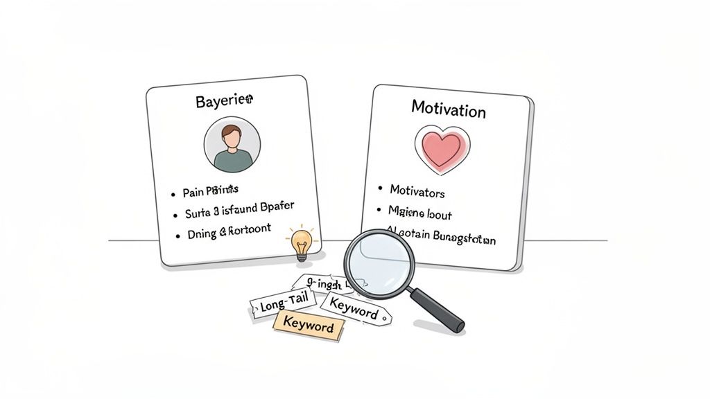 Illustration showing buyer persona and motivation cards with a magnifying glass over keywords, representing content strategy.