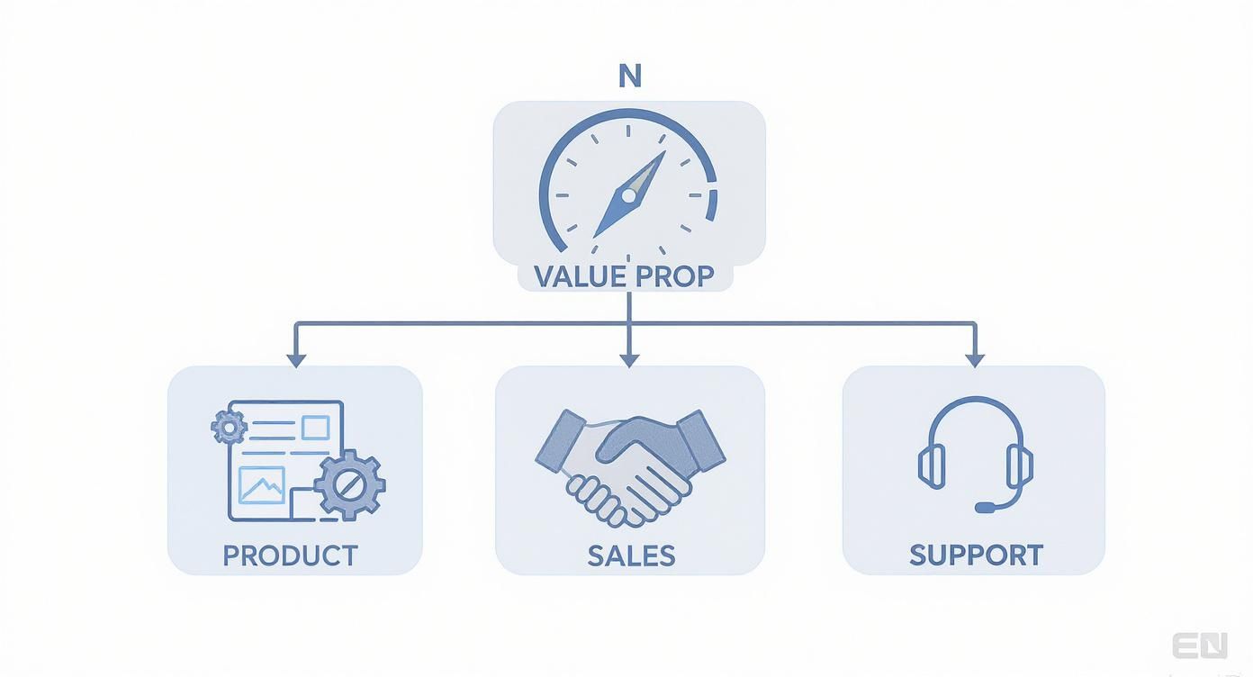 Value proposition framework diagram showing compass with three pillars: product, sales, and support components