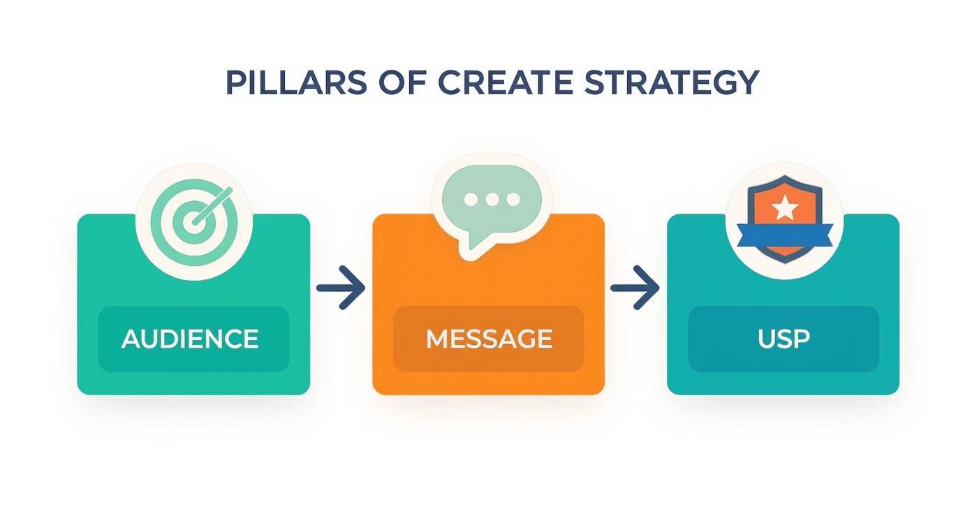 Infographic showing the three pillars of creative strategy: Audience, Message, and USP.
