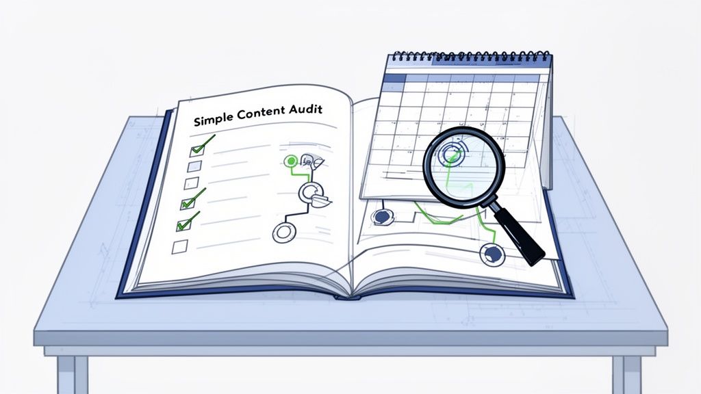 An open book titled 'Simple Content Audit' with a checklist, calendar, and magnifying glass on a table, illustrating content auditing.