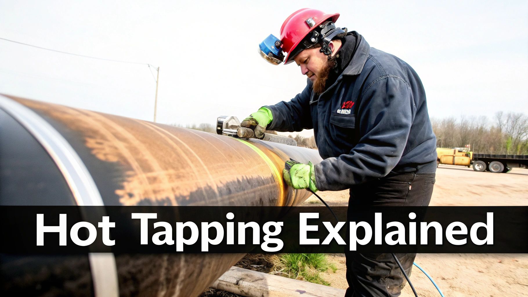 A worker in a red hard hat and green gloves performs hot tapping on a large pipeline.