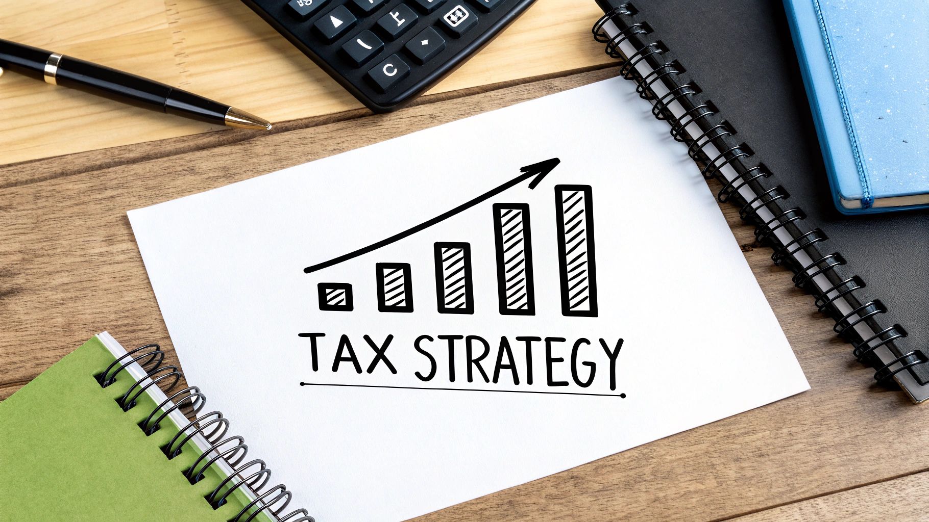 A paper displaying 'TAX STRATEGY' and a rising bar graph, surrounded by office supplies on a wooden desk.