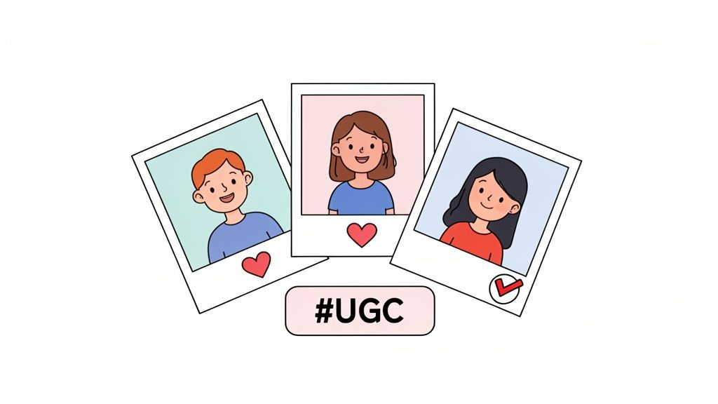 Cartoon polaroid photos of diverse people with hearts and a checkmark, beside a #UGC tag.