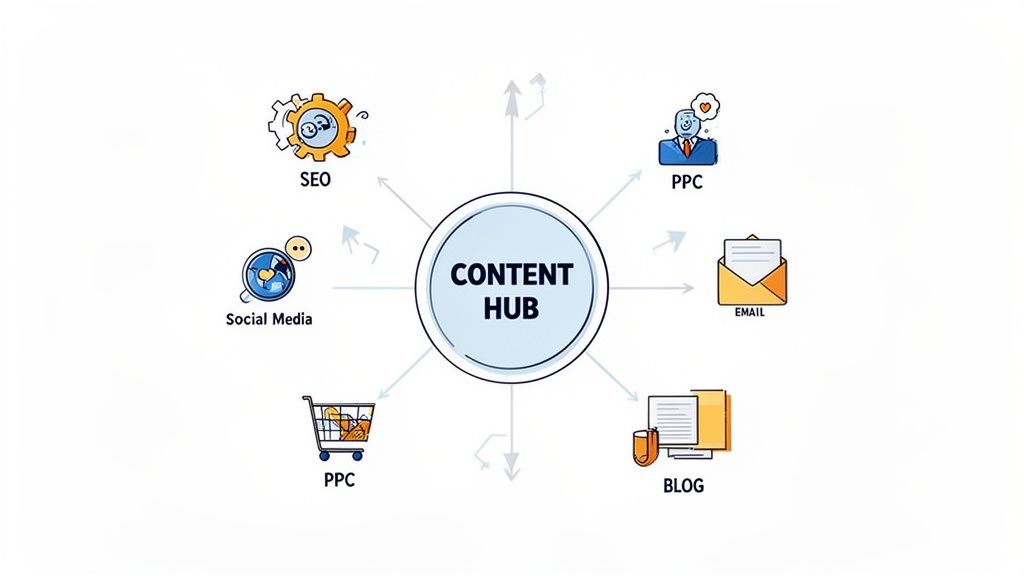 A content hub diagram illustrating connections to SEO, PPC, email, blog, and social media marketing channels.
