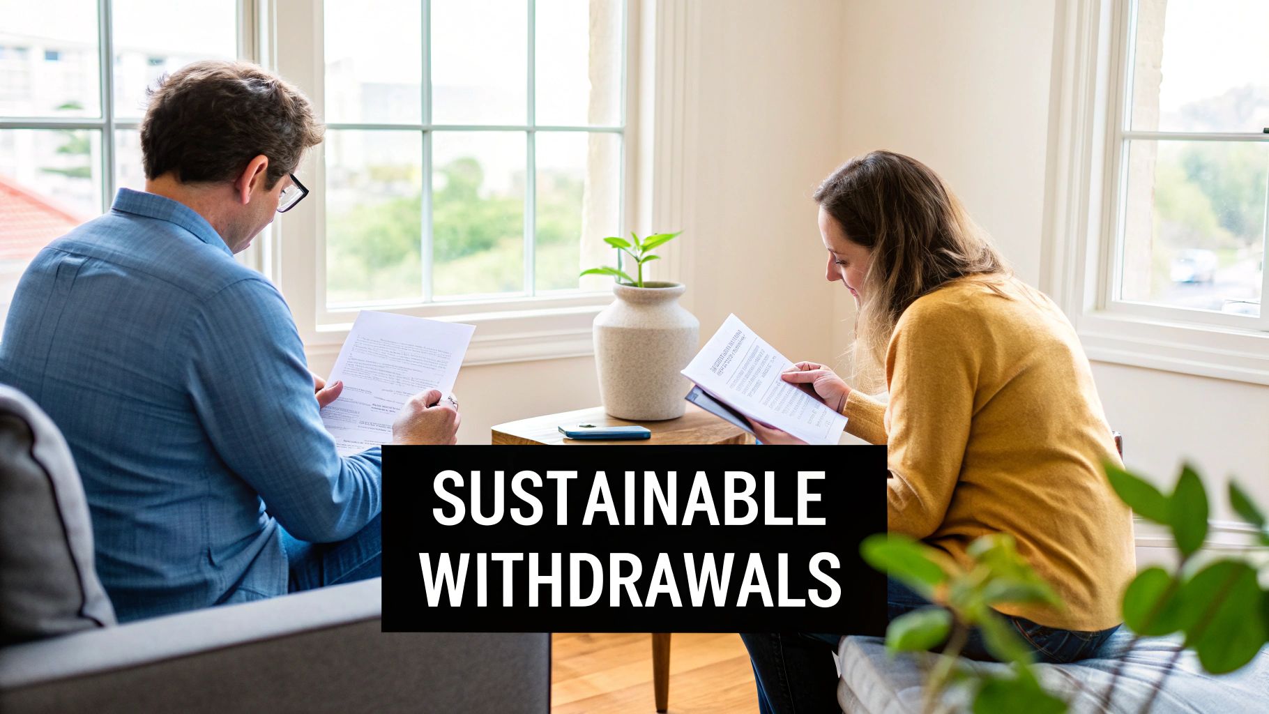 A man and a woman are seen reviewing documents together in a well-lit room.