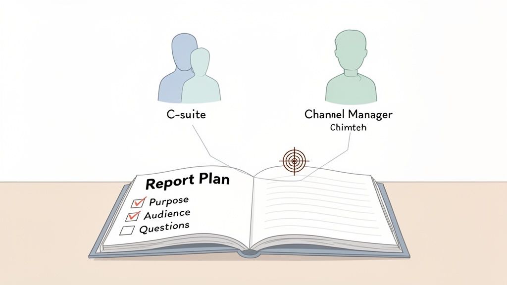 An open book with 'Report Plan' lists Purpose and Audience checked. Stakeholders C-suite and Channel Manager are shown.