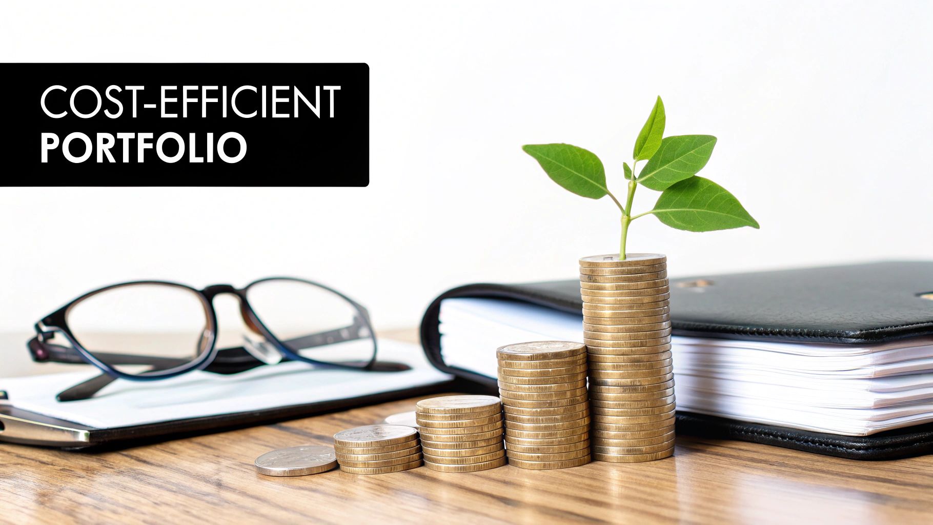 Stacks of coins with a plant symbolizing financial growth, next to glasses and a binder, and 'COST-EFFICIENT PORTFOLIO' text.