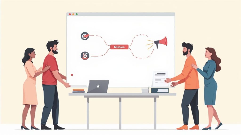 Team of four people collaborating on a large screen displaying a 'Mission' mind map with targets and a megaphone.