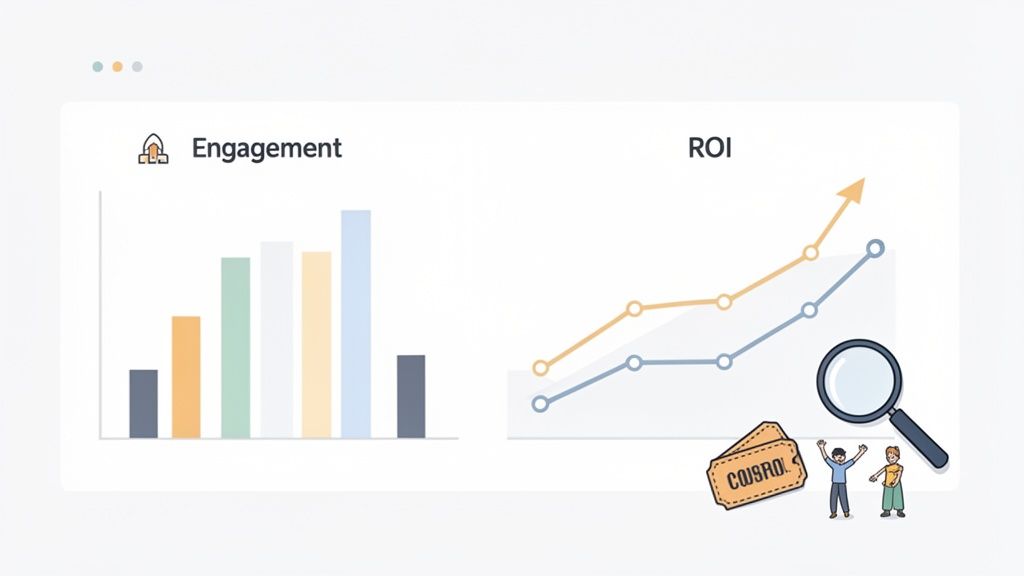 Charts displaying engagement and ROI growth, alongside a magnifying glass, people, and event tickets.