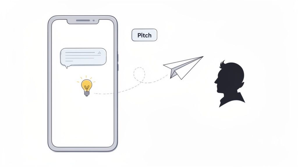 An idea from a smartphone is sent as a 'Pitch' via a paper airplane to a person.