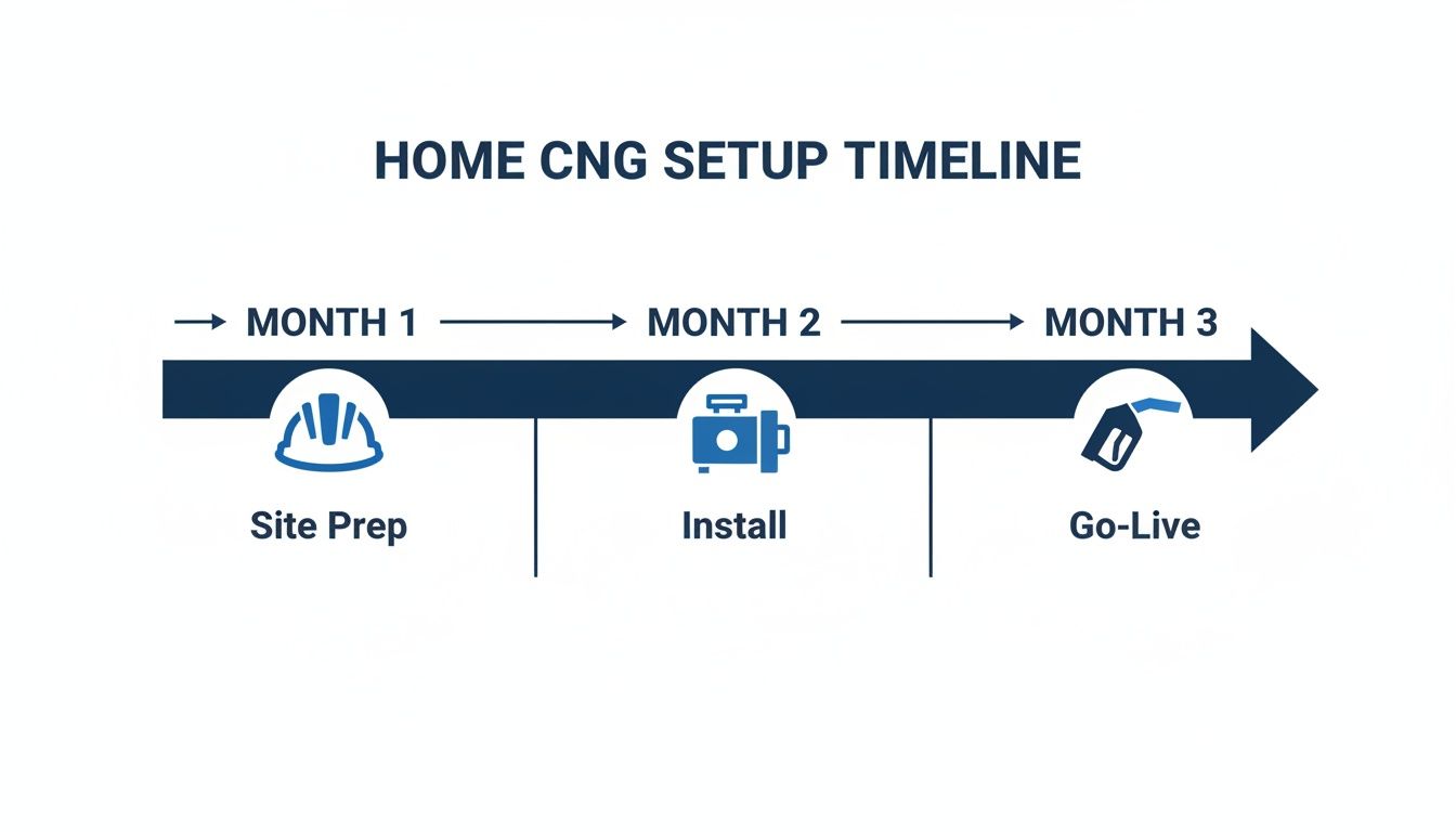 A three-month timeline graphic illustrating the home CNG setup process: Site Prep, Install, and Go-Live.