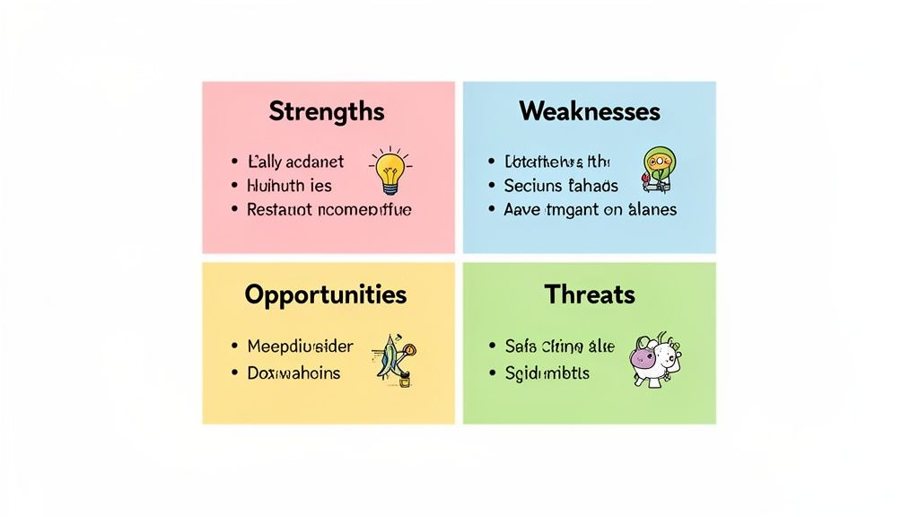 A colorful SWOT analysis diagram displaying sections for Strengths, Weaknesses, Opportunities, and Threats with bullet points and icons.