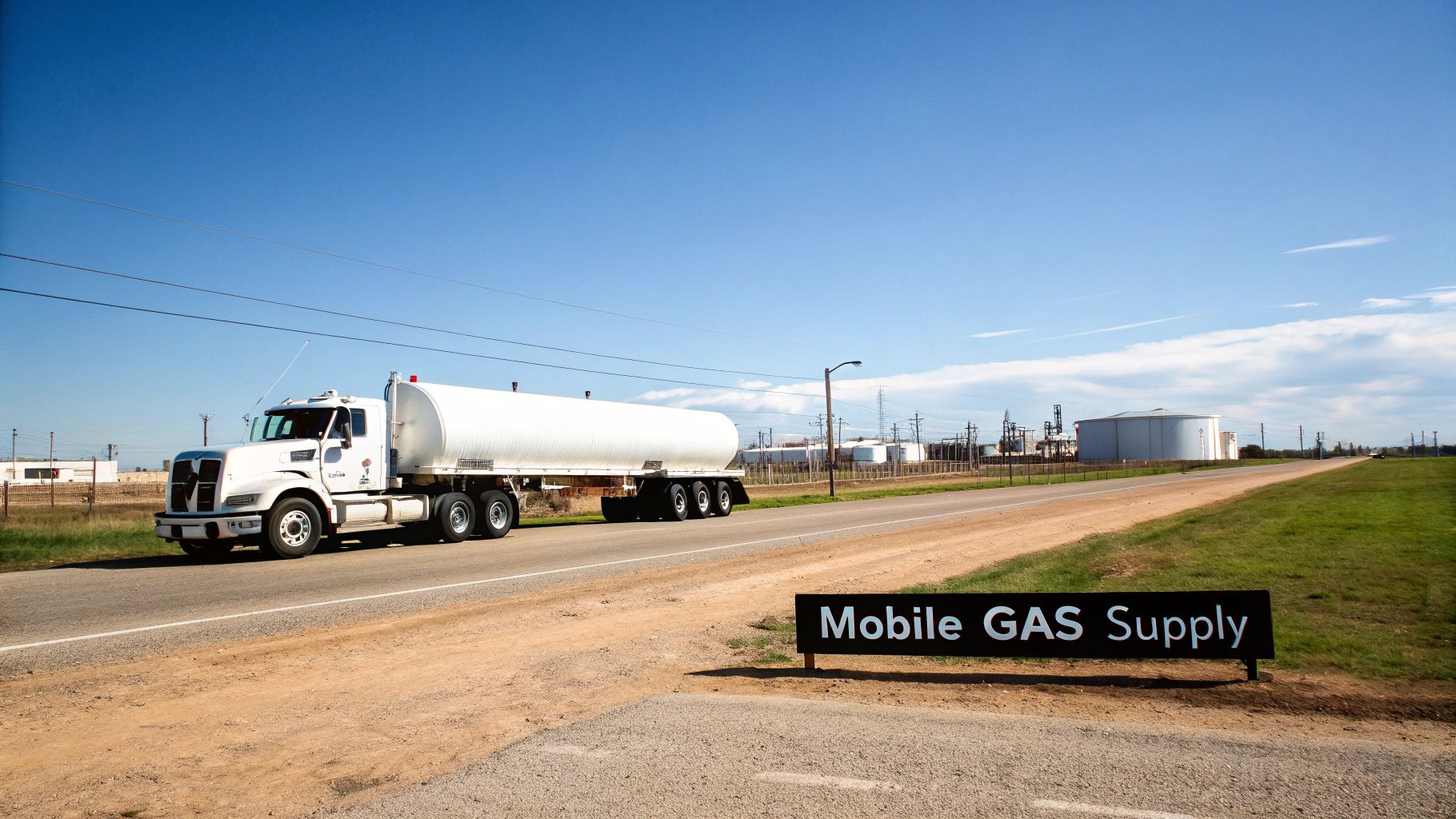 White tanker truck hauling compressed natural gas on rural highway near industrial facilities