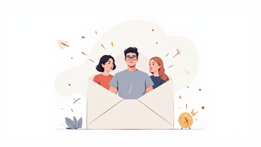Three diverse people excitedly emerge from an open mail envelope with confetti and paper planes, symbolizing email marketing.