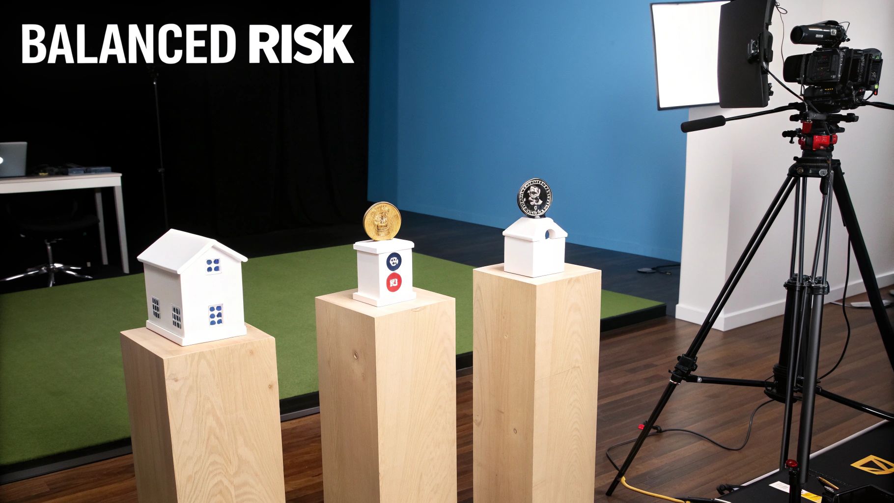 Studio setup with 'BALANCED RISK' text, featuring house models, gold and silver coins on pedestals.