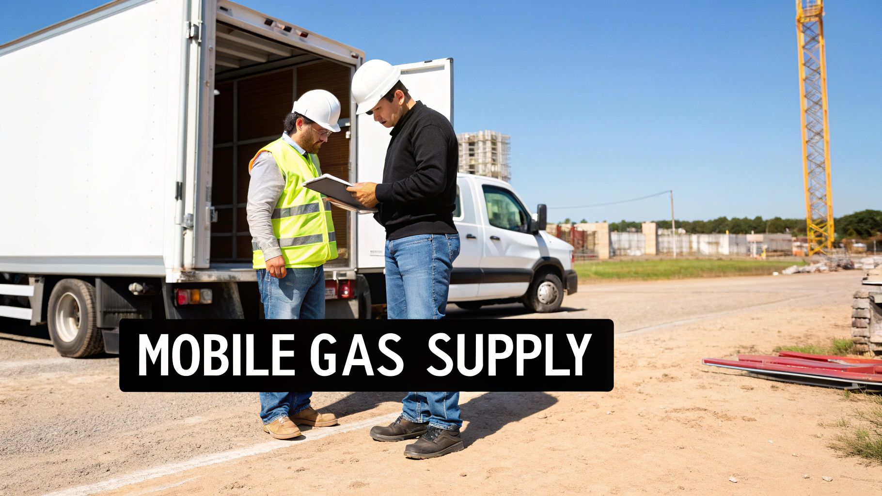 Two construction workers in hard hats and safety vests checking documents near a mobile gas supply truck.