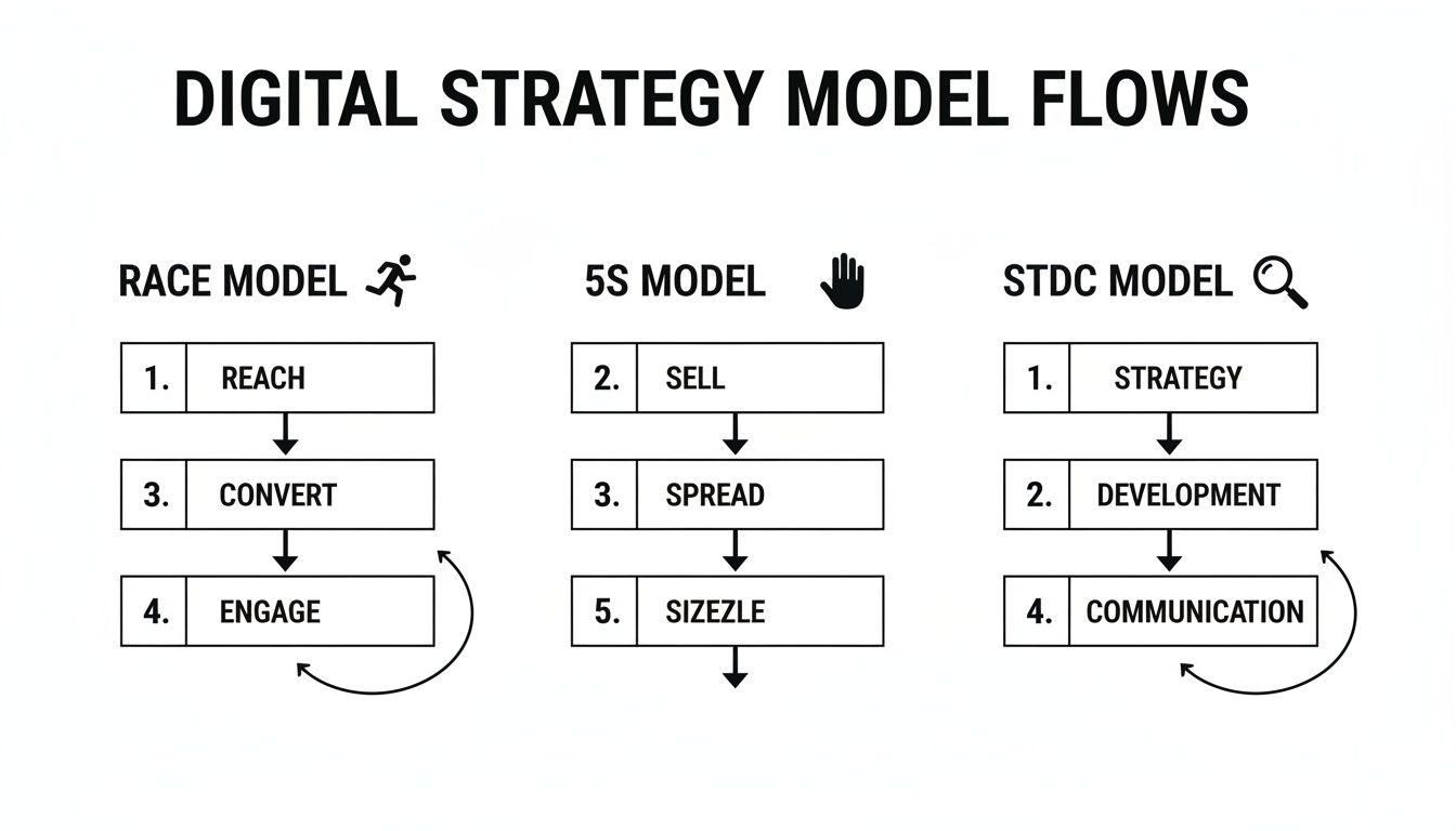 Diagram illustrating RACE, 5S, and STDC digital strategy model flows and their sequential steps.