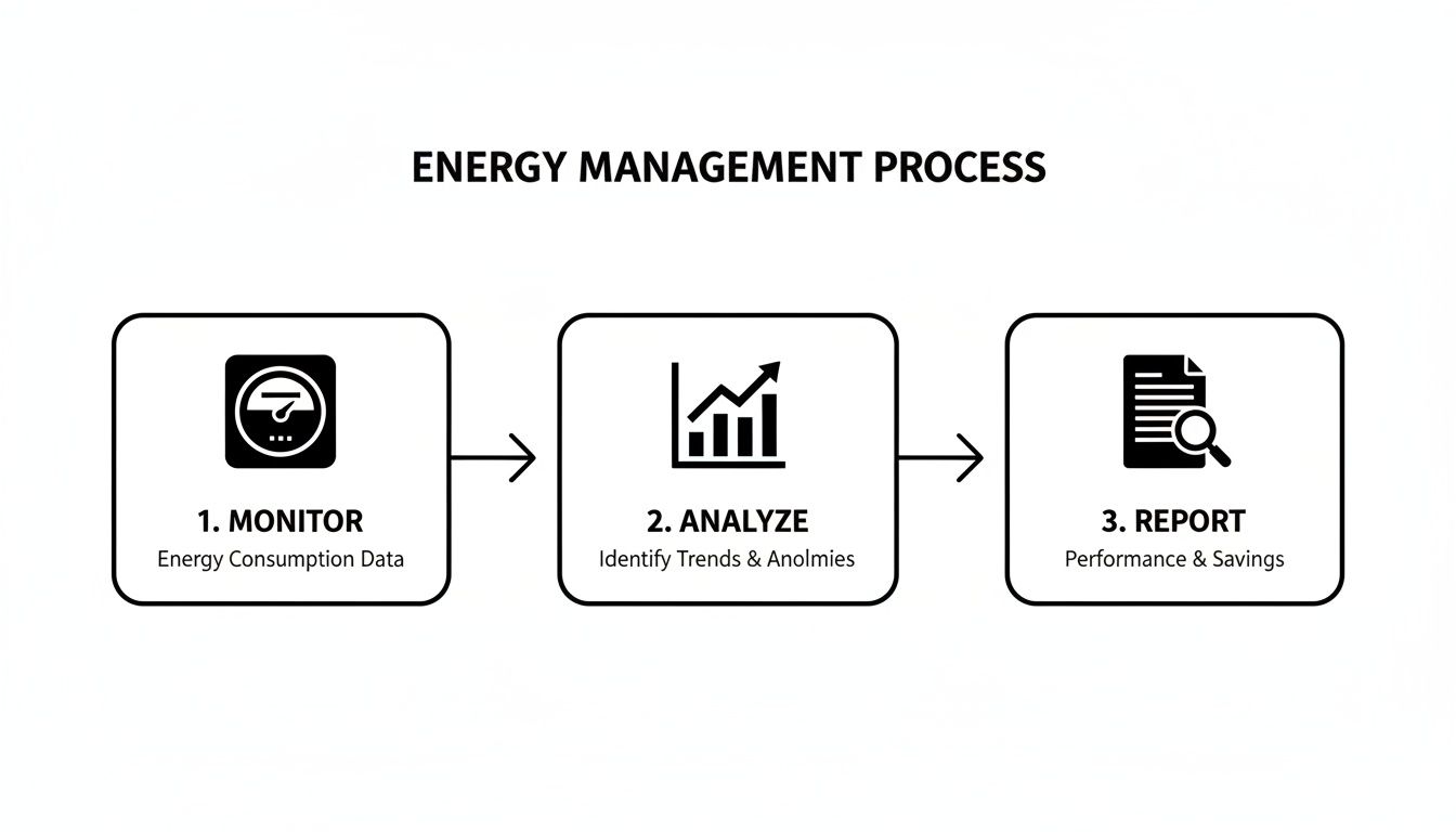 Flowchart illustrating a three-step energy management process: monitor, analyze, and report for performance and savings.