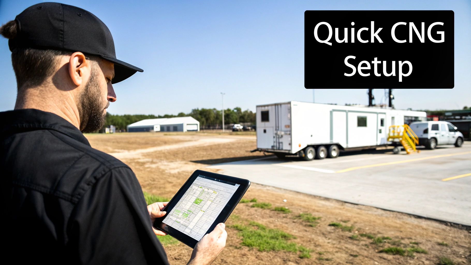 Man reviews data on a tablet with a CNG setup and white trailer in the background.