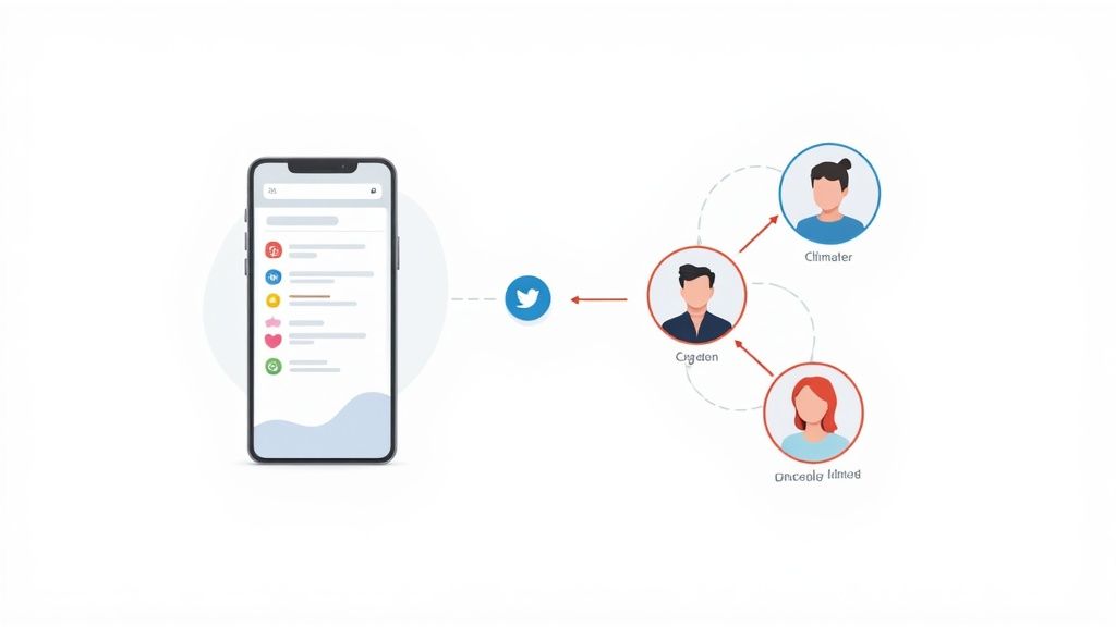 A smartphone screen displaying a social media feed, connected to a central influencer and their network.