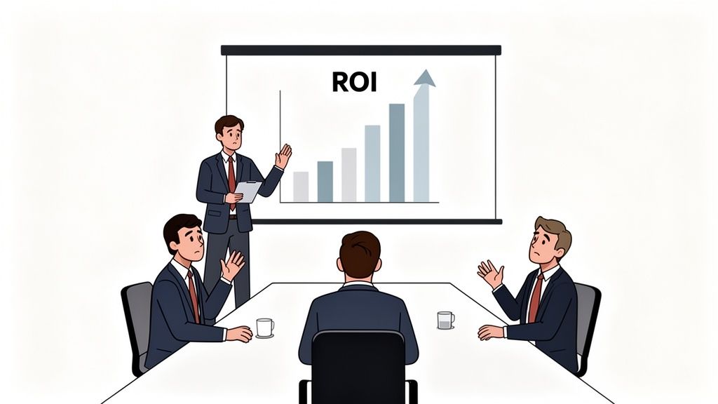A business meeting with a presenter showing a bar chart depicting increasing content marketing roi on a screen.