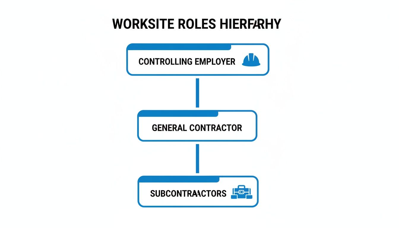 A worksite roles hierarchy diagram, showing controlling employer, general contractor, and subcontractors.