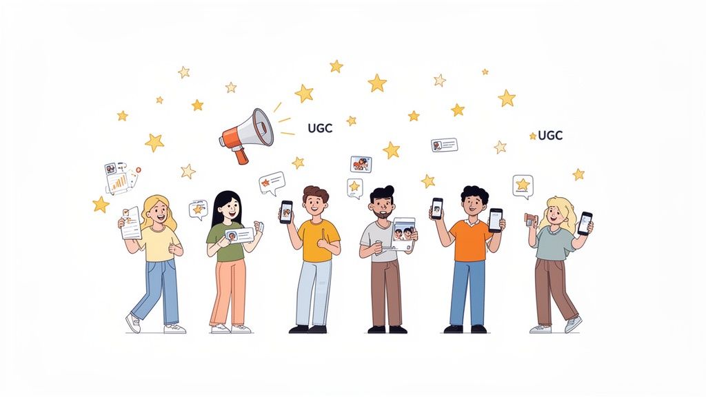 Cartoon of people sharing social media content, with a megaphone and stars for user-generated content.