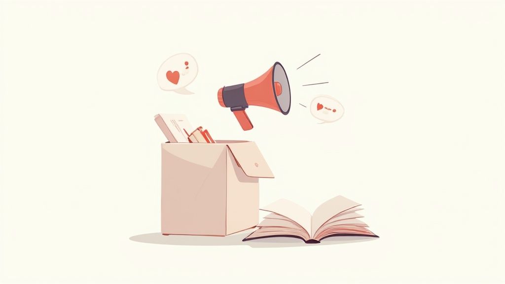 An open cardboard box, a megaphone, and an open book with speech bubbles and hearts, symbolizing communication and feedback.