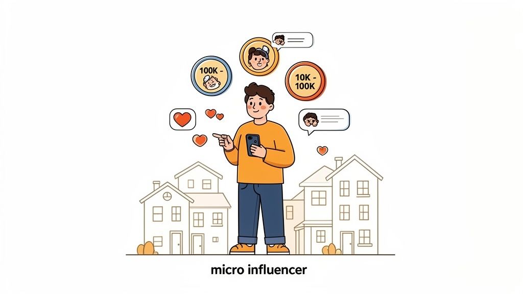 Illustration of a micro influencer holding a phone, surrounded by social media likes, comments, and follower count badges.