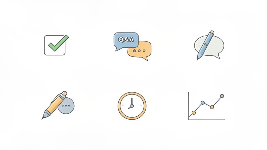 Six colorful flat design icons illustrating tasks, communication, time management, and progress tracking.