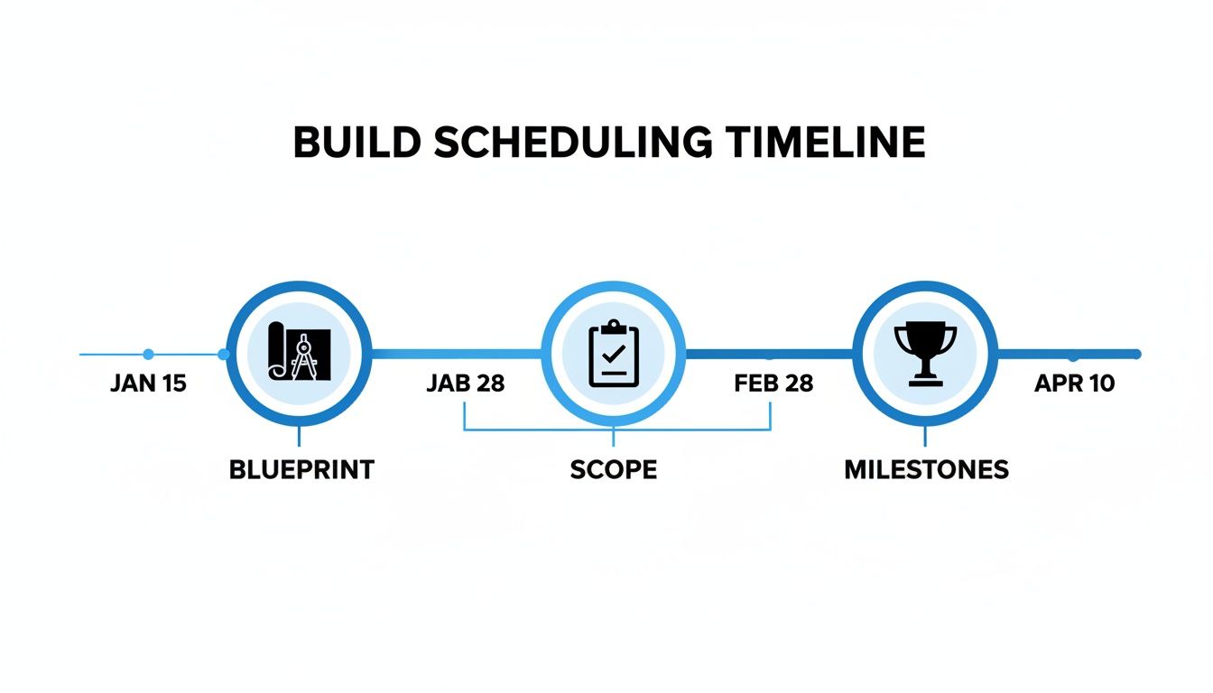 A build scheduling timeline diagram with stages: Blueprint (Jan 15), Scope (Jan 28 - Feb 28), and Milestones (Apr 10).