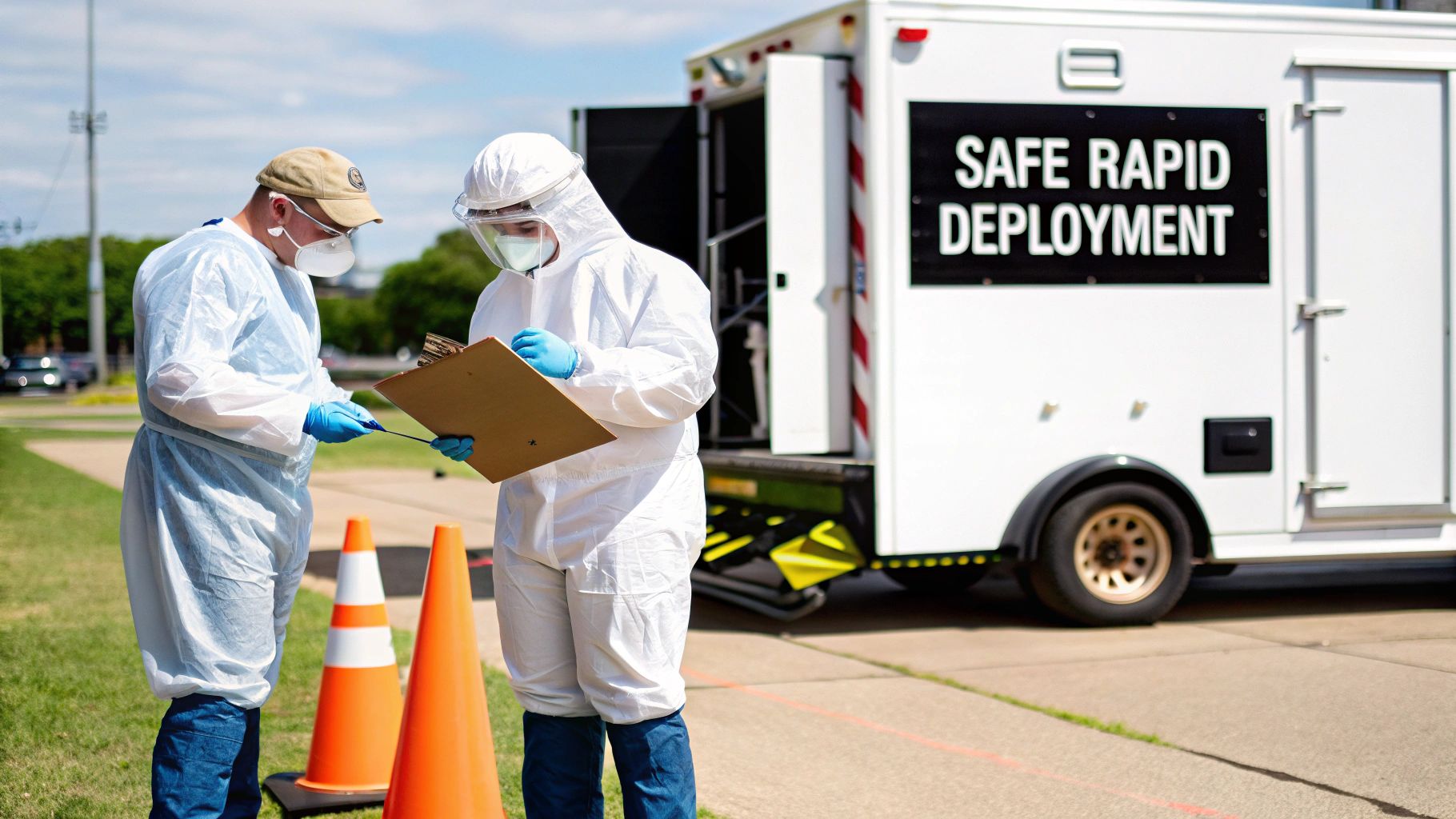 Two workers in hazmat suits and masks, one writing on a clipboard, next to a "SAFE RAPID DEPLOYMENT" vehicle.