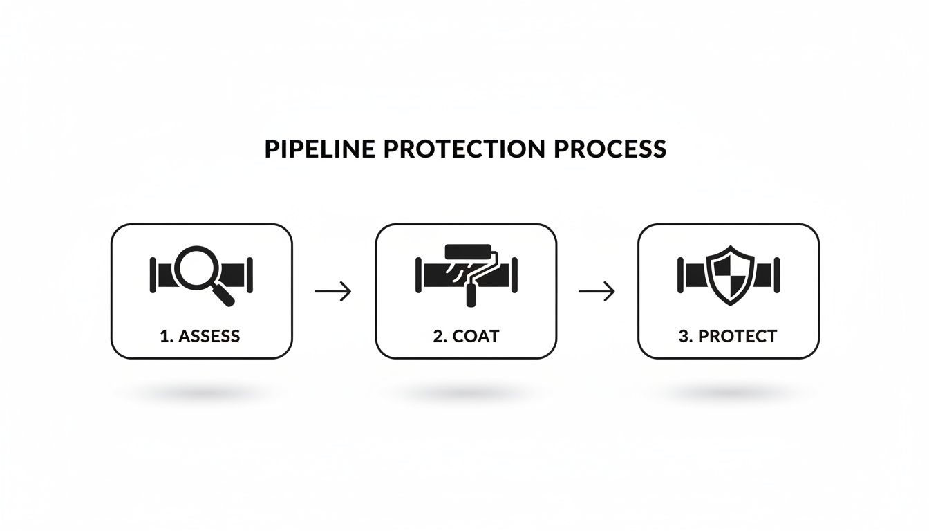 A three-step diagram illustrating the pipeline protection process: assess, coat, and protect, with icons.