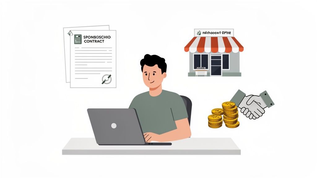 Illustration of a person using a laptop, surrounded by a business contract, a shop, and a money deal.