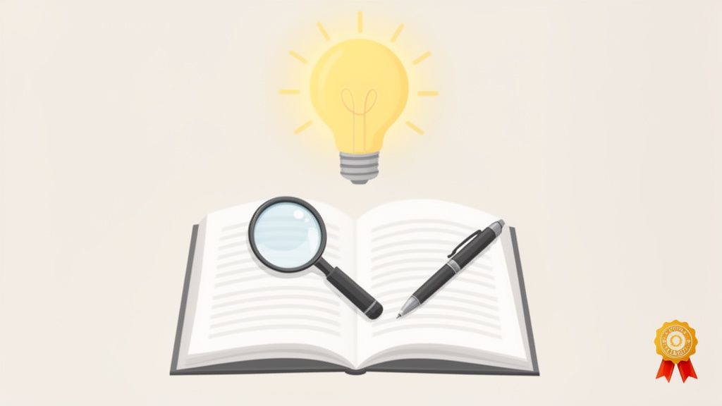 Idea bulb shines over an open book with a magnifying glass, a pen, and an award.