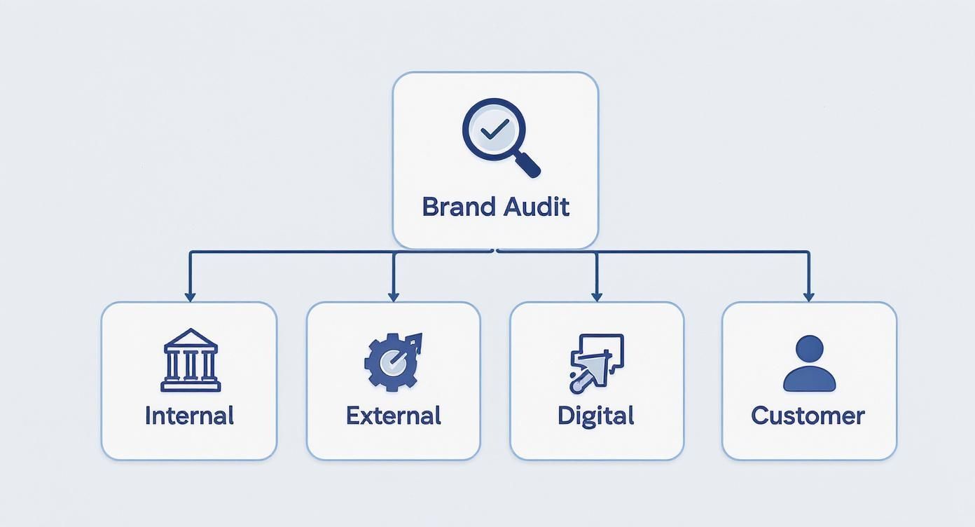 A flowchart showing a brand audit's four key components: internal, external, digital, and customer aspects.