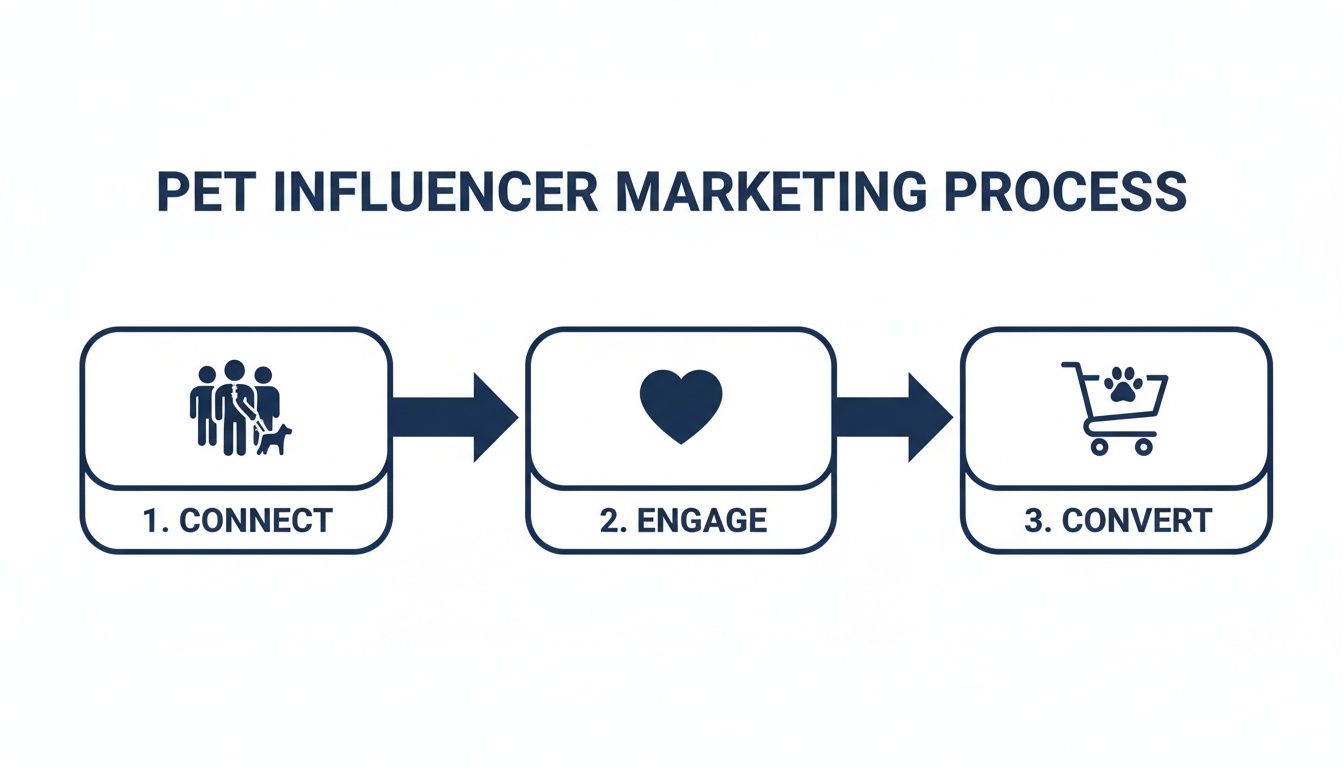 Flowchart showing three steps of pet influencer marketing: Connect, Engage, Convert.