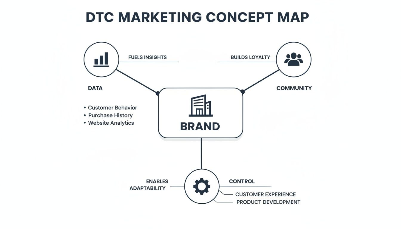 DTC marketing concept map illustrating how data, community, and control support a central brand.