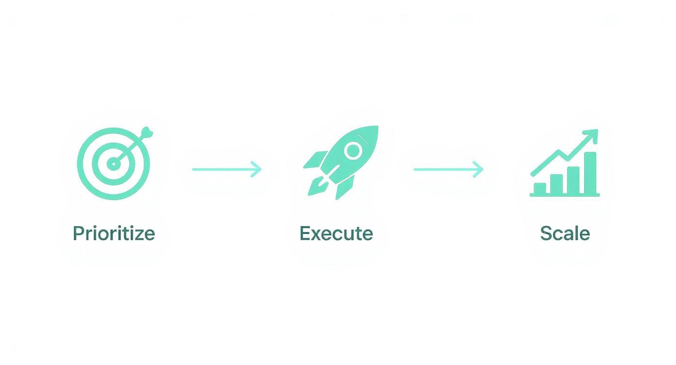 Infographic showing a process flow for smart marketing spending with icons for Prioritize, Execute, and Scale