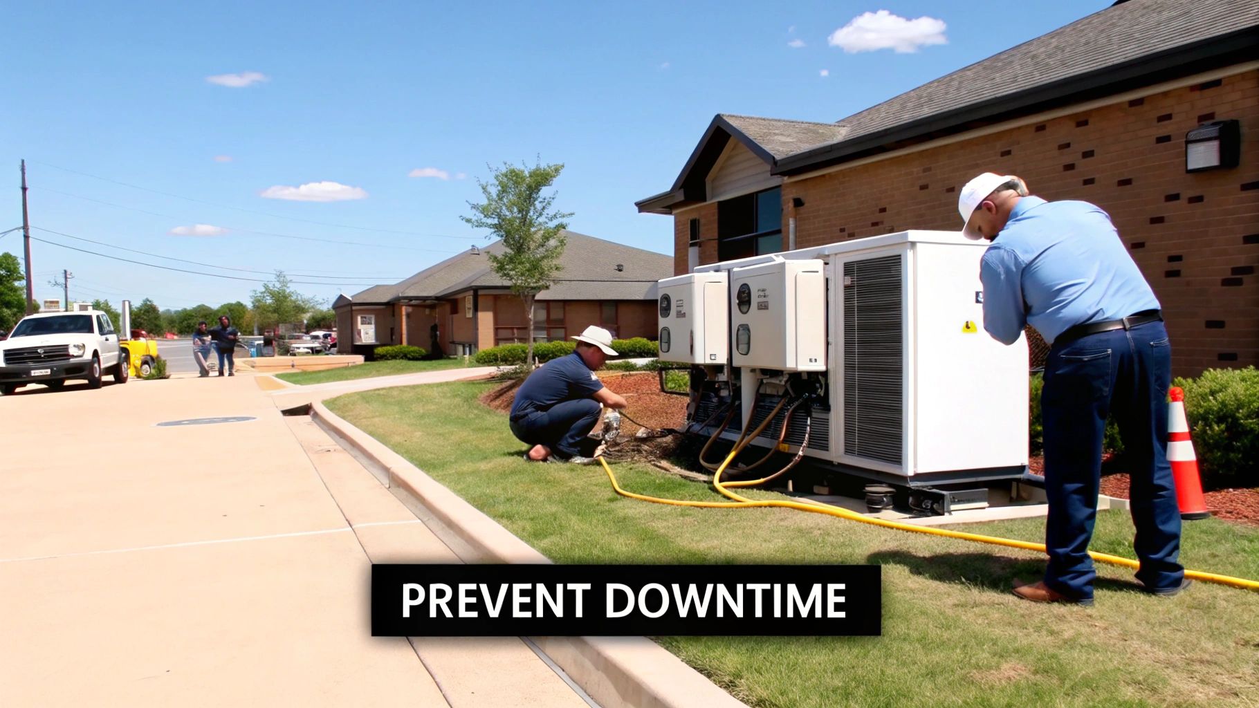 Technicians maintain outdoor HVAC units, connecting hoses to prevent system downtime for a building.