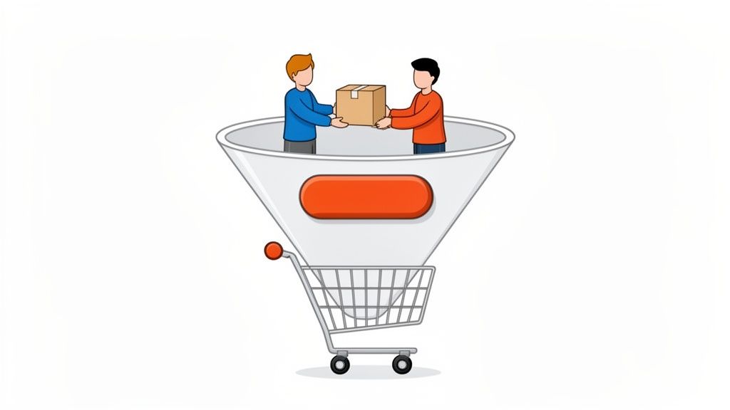 Illustration of a sales funnel showing two people exchanging a package above a shopping cart.