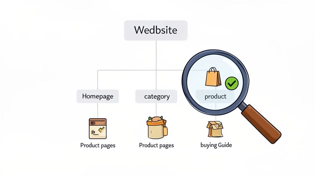 Sitemap illustrating an e-commerce website structure with homepage, category, product pages, and a buying guide.