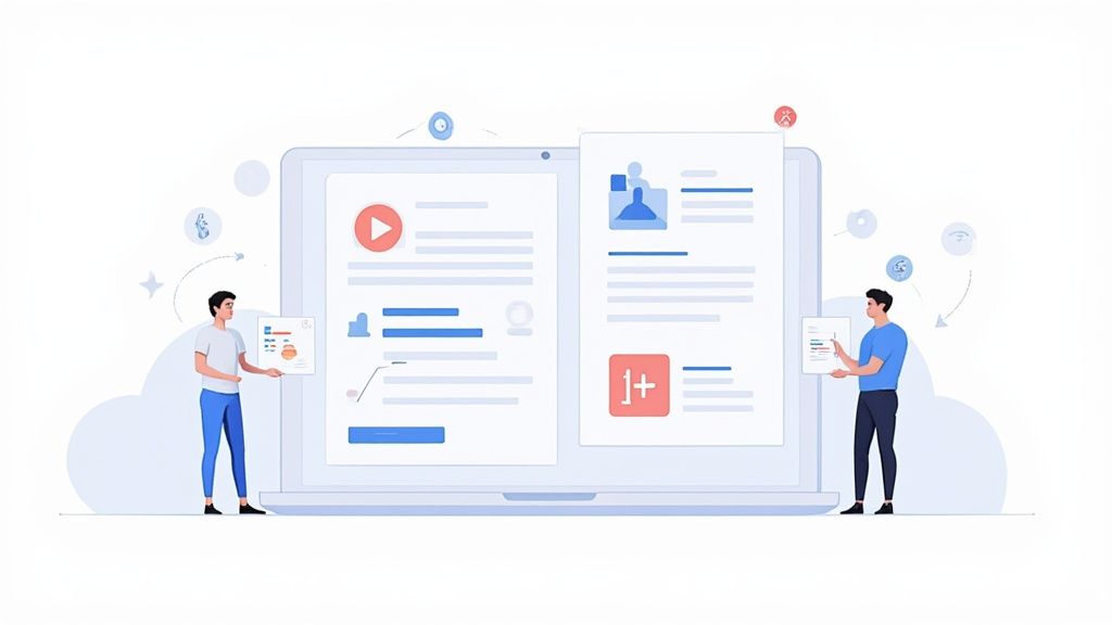 Digital marketing professionals analyzing data and managing content for influencer marketing for B2B tech.